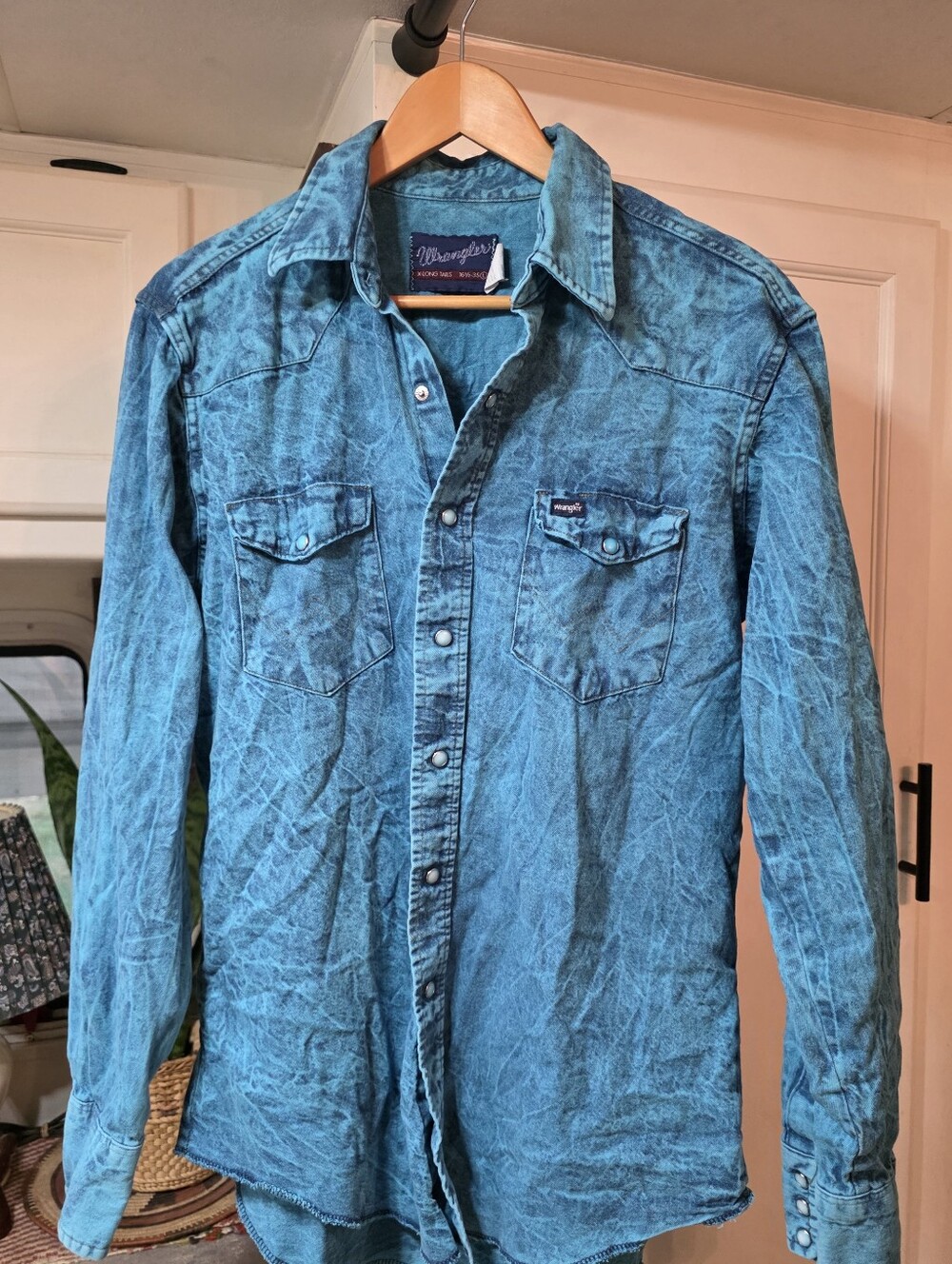 Vintage Wrangler Teal Acid Wash Snap Button Long Sleeve